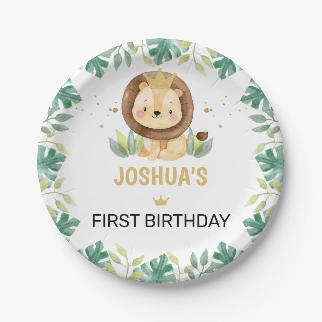 Little King Lion Crown 1st Birthday Paper Plates (Front)