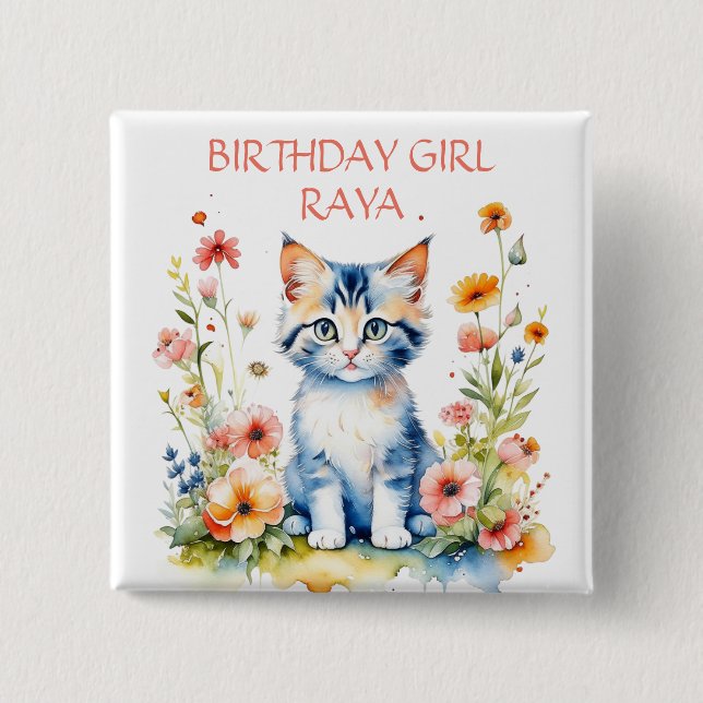 Little Kitten Girl's Birthday Party Personalized Button (Front)