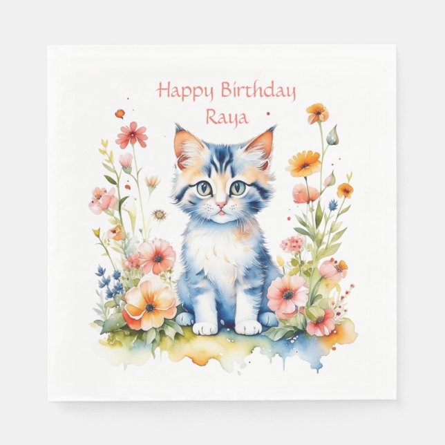Little Kitten Girl's Birthday Party Personalized Napkins (Front)