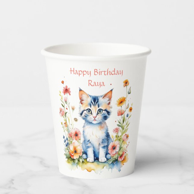 Little Kitten Girl's Birthday Party Personalized Paper Cups (Front)