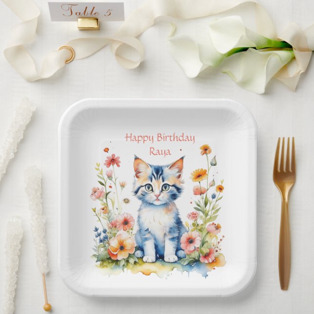 Little Kitten Girl's Birthday Party Personalized Paper Plates (Wedding)