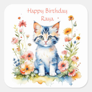Little Kitten Girl's Birthday Party Personalized Square Sticker