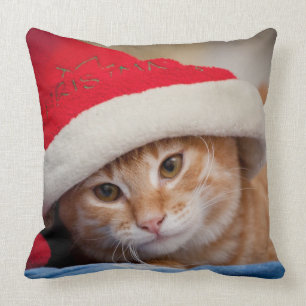 Little Kitten in Red Christmas Hat Throw Pillow