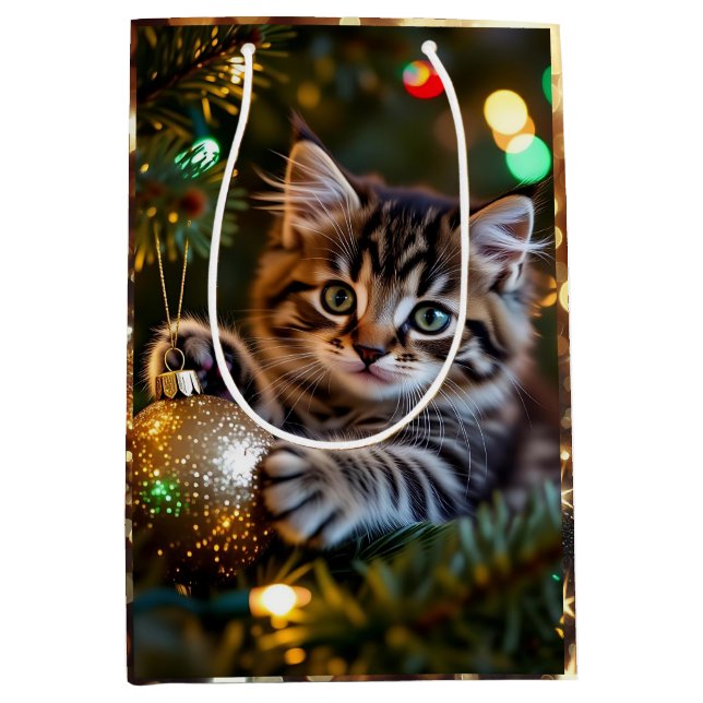 Little Kitten on Christmas Tree   Medium Gift Bag (Front)