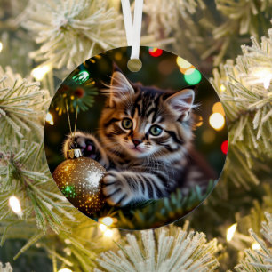 Little Kitten on Christmas Tree Personalized Metal Ornament