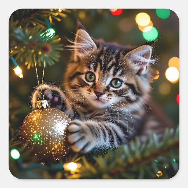 Little Kitten on Christmas Tree   Square Sticker (Front)