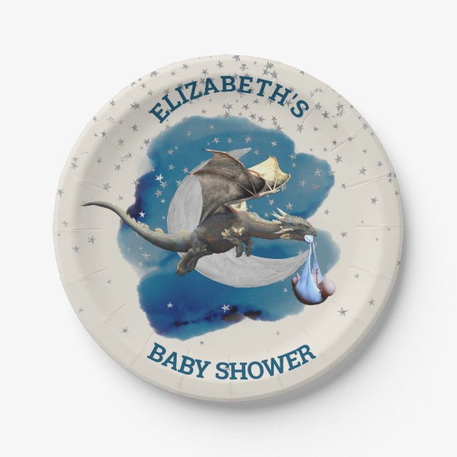  Little Knight Dragon Silver Star Baby Shower  Paper Plates (Front)