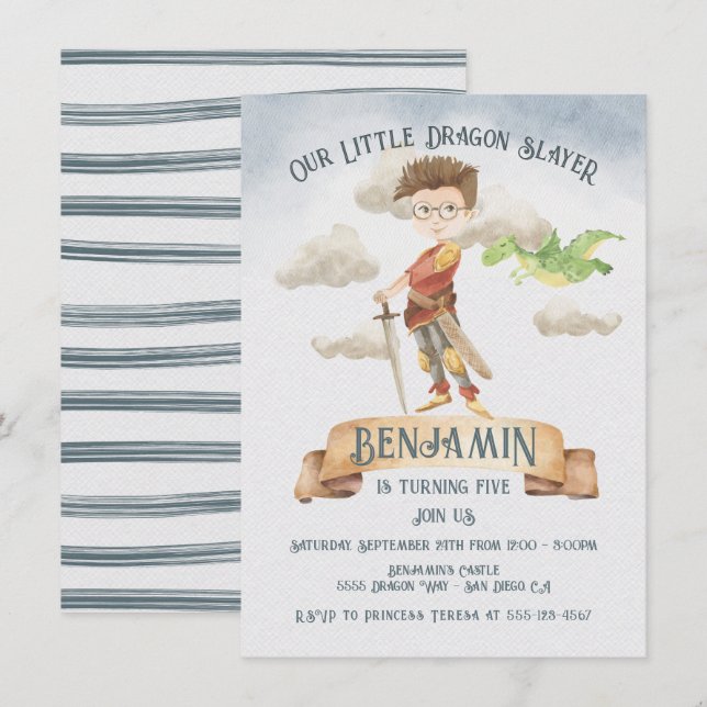 Little Knight Dragon Slayer Fairytale Birthday Inv Invitation (Front/Back)