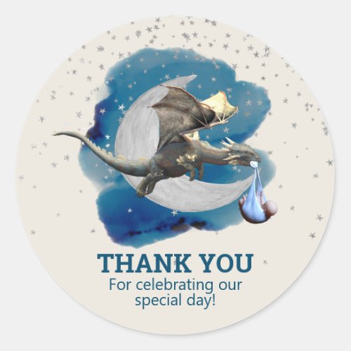  Little Knight Dragon Stars Thank you Baby Shower Classic Round Sticker