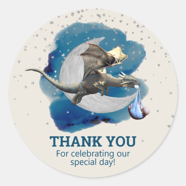  Little Knight Dragon Stars Thank you Baby Shower Classic Round Sticker (Front)