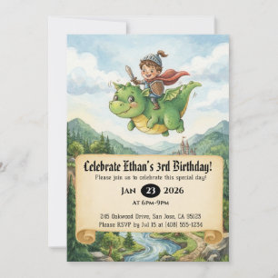 Little Knight Riding a Dragon Birthday Invitation