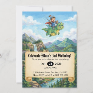 Little Knight Riding a Dragon Birthday Invitation