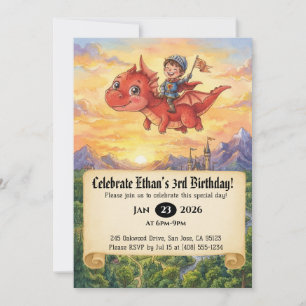 Little Knight Riding a Dragon Birthday Invitation