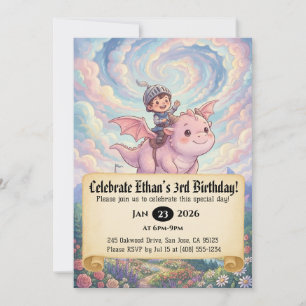 Little Knight Riding a Dragon Birthday Invitation