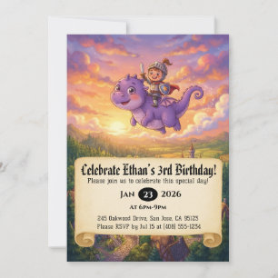 Little Knight Riding a Dragon Birthday Invitation