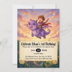 Little Knight Riding a Dragon Birthday Invitation