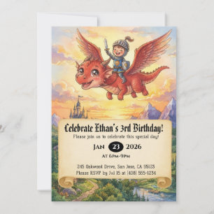 Little Knight Riding a Dragon Birthday Invitation