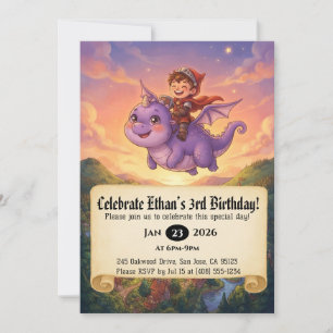 Little Knight Riding a Dragon Birthday Invitation