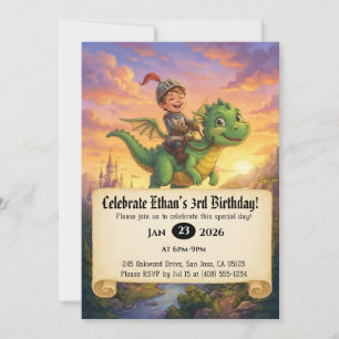 Little Knight Riding a Dragon Birthday Invitation