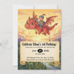 Little Knight Riding a Dragon Birthday Invitation