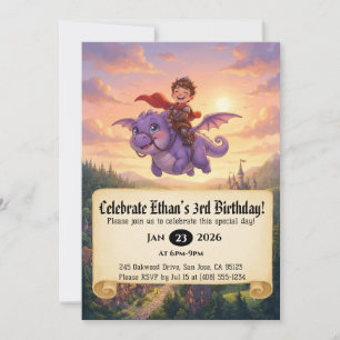 Little Knight Riding a Dragon Birthday Invitation