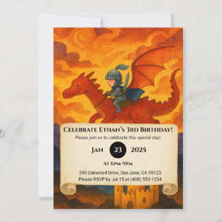 Little Knight Riding a Red Dragon Birthday Invitation