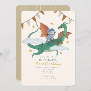 Little knight with Dragon First Birthday Invitation