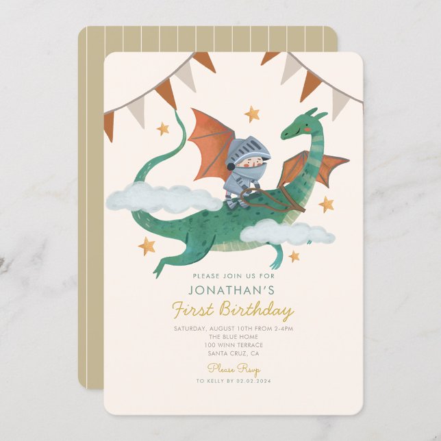 Little knight with Dragon First Birthday Invitation (Creator Uploaded)