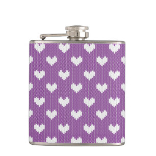 Little Knit Hearts Pattern on Purple Hip Flask