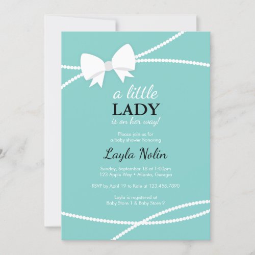 Little Lady Baby Shower Invitation Blue Pearls Invitation