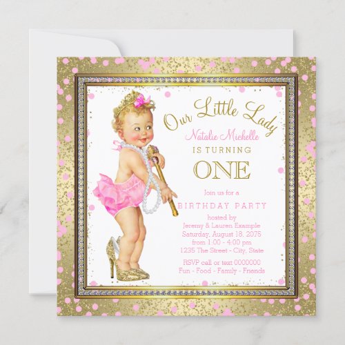 Little Lady Girls 1st Birthday Party Pink Gold Invitation