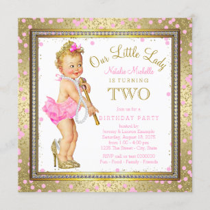 Little Lady Girls 2nd Birthday Party Pink Gold Invitation