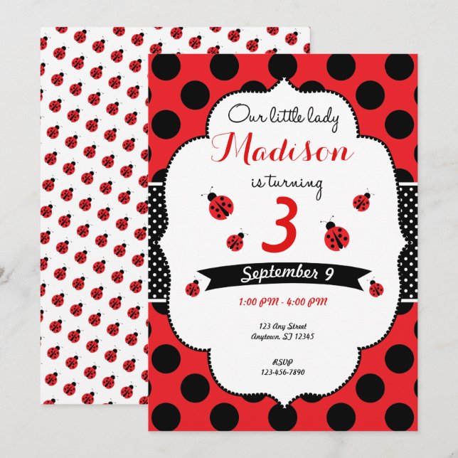 Little Lady Ladybug Birthday Any Age Polka Dot Invitation (Front/Back)