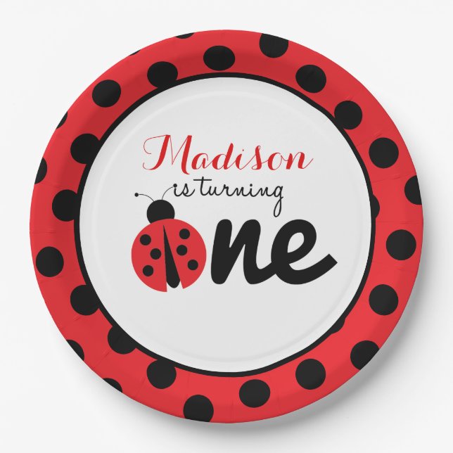 Little Lady Ladybug First Birthday Polka Dot Paper Plates (Front)