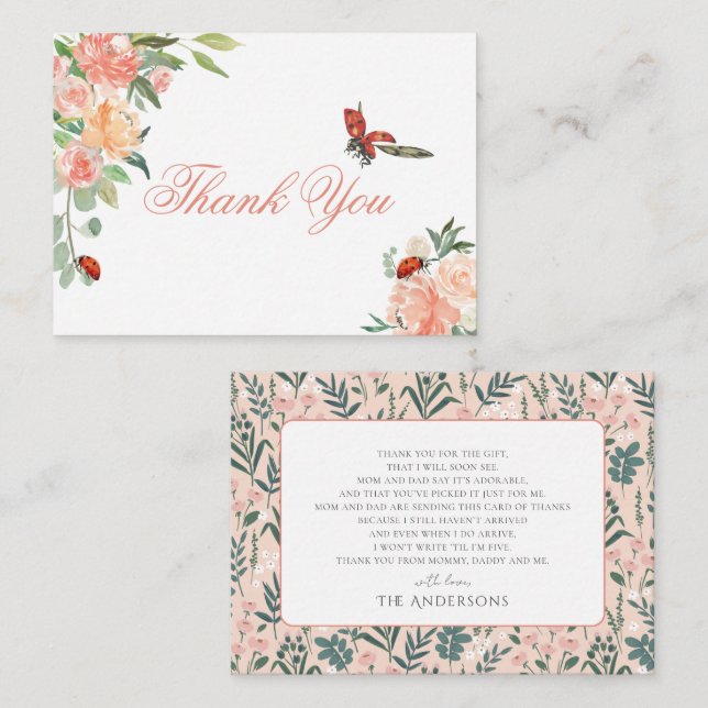 Little Lady Ladybug Roses Baby Shower Thank You Note Card (Front/Back)