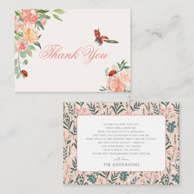 Little Lady Ladybug Roses Baby Shower Thank You Note Card (Front/Back)