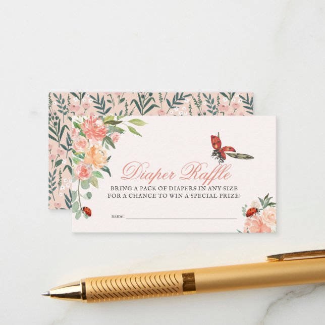 Little Lady Ladybug Roses Diaper Raffle Ticket Enclosure Card (Front/Back In Situ)