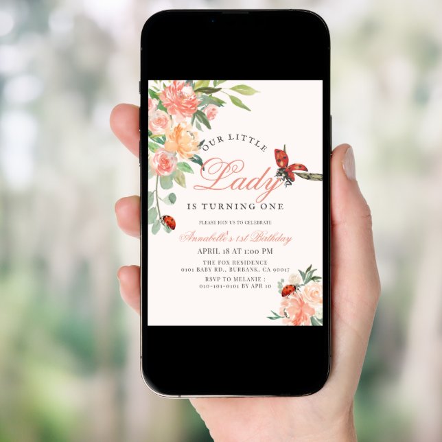 Little Lady Ladybug Roses Girl 1st Birthday Invitation (Front Digital)