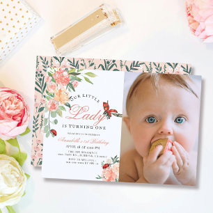 Little Lady Ladybug Roses Photo Girl 1st Birthday Invitation