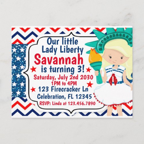 Little Lady Liberty 4th July Birthday Glitter Postcard