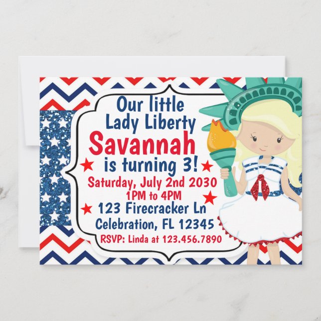 Little Lady Liberty 4th of July Birthday Glitter Invitation (Front)