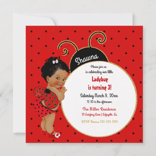Little Ladybug African American Girl Red Black Invitation