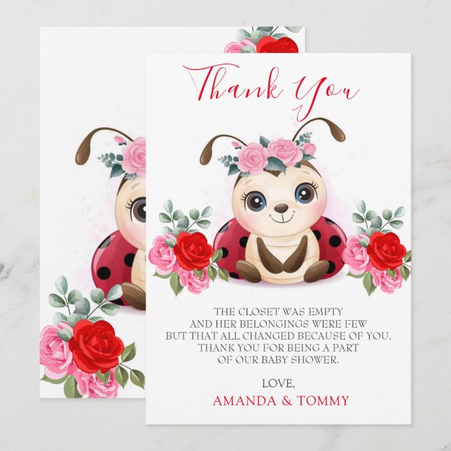 Little Ladybug Girl Baby Shower Thank You Card (Front/Back)