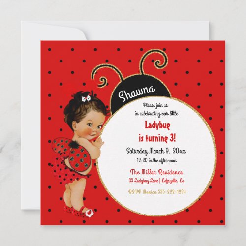 Little Ladybug Girl Red Black Dot Invitation