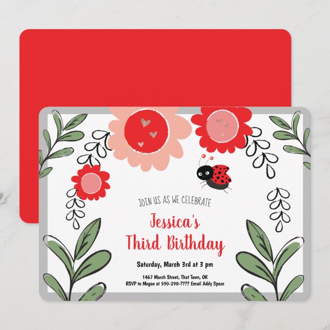 Little Ladybug Girls Birthday Party Invitations (Front/Back)