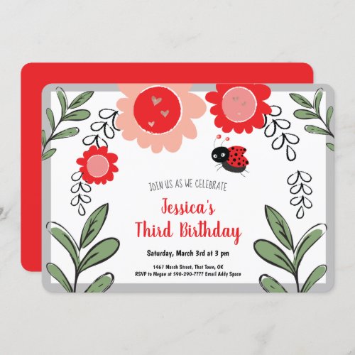 Little Ladybug Girls Birthday Party Invitations