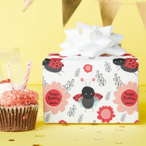 Little Ladybug Happy Birthday Custom Name Wrapping Paper