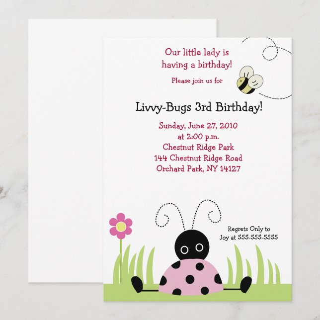 Little Ladybug (Pink) 5x7 Birthday Invitation (Front/Back)