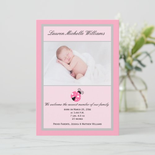 Little Ladybug Pink Gray Baby Girl Photo Birth Announcement