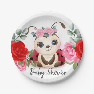 Little Ladybug Pink Red Floral Girl Baby Shower Paper Plates